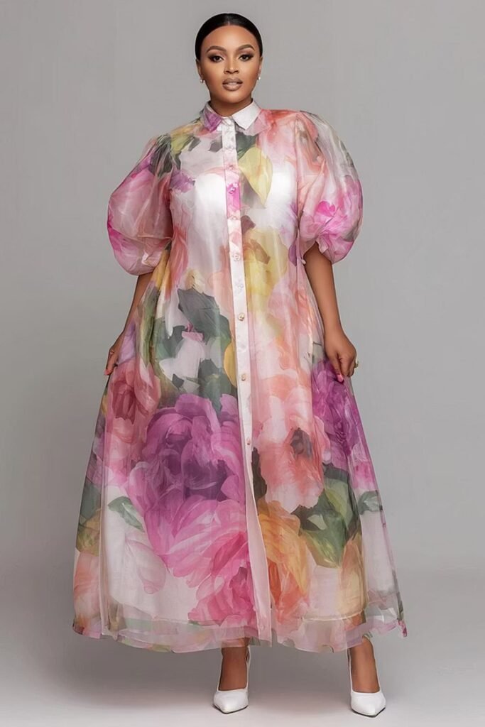 Plus Size Wedding Guest Pink Floral Shirt Collar Puff Sleeve Short Sleeve Pocket Organza Maxi Dress