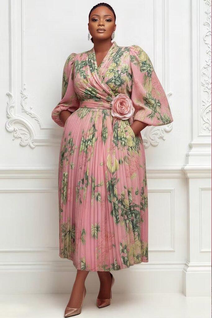 Plus Size Wedding Guest Pink Floral Wrap Neck Lantern Sleeve 3:4 Sleeve 3D Pocket Chiffon Midi Dress