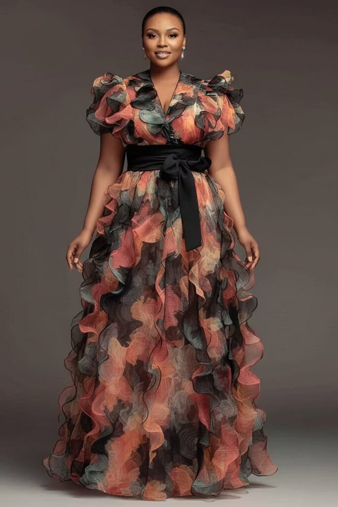 Plus Size Wedding Guest Pink Floral Wrap Neck Short Sleeve Ruffle Contrast Chiffon Maxi Dress