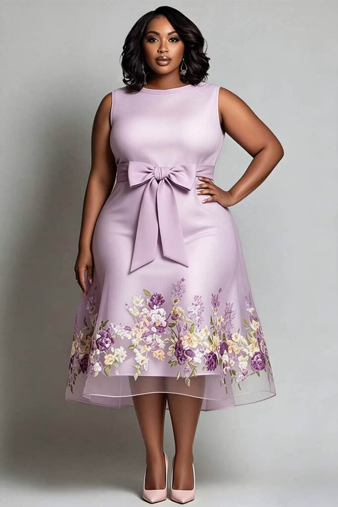 Plus Size Wedding Guest Purple Floral Round Neck Bow Tie Midi Dress