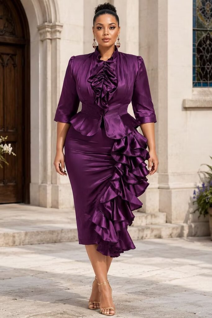 Plus Size Wedding Guest Purple Mock Neck Half Sleeve Ruffle Split Satin Two Piece Skirt Set