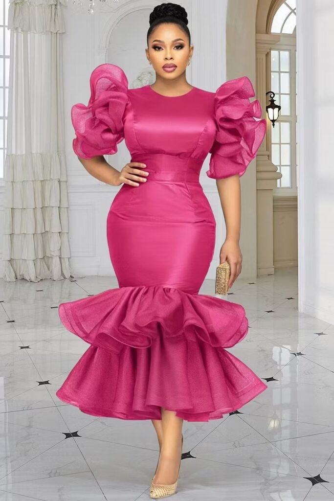 Plus Size Wedding Guest Tulle Hot Pink Round Neck Short Sleeve Ruffle Tiered Satin Midi Dress
