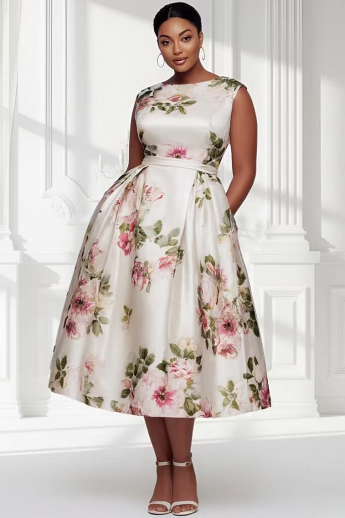 Plus Size Wedding Guest White Floral Round Neck Pocket Satin Midi Dress