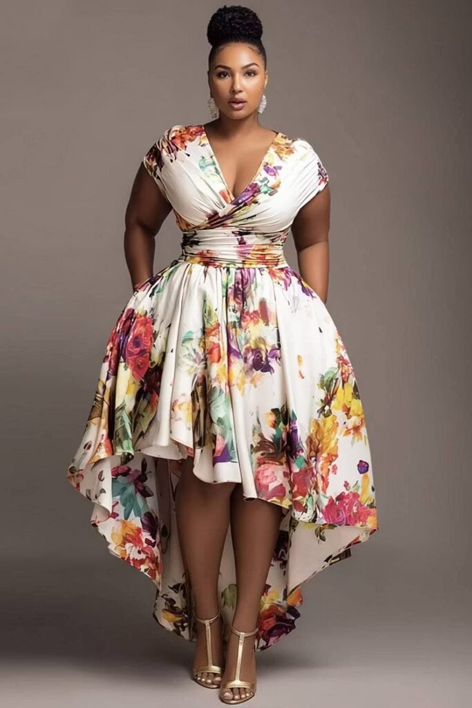 Plus Size Wedding Guest White Floral Wrap Neck High Low Hem Pocket Midi Dress