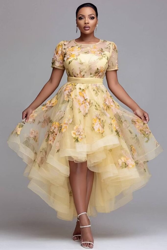 Plus Size Wedding Guest Yellow Floral Round Neck Short Sleeve High Low Hem Tulle Midi Dress