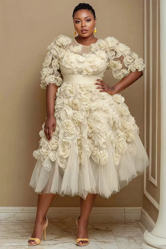 Plus Size Wedding Guest Yellow Round Neck Short Sleeve 3D See Through Tulle Midi Dress