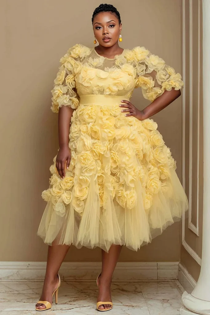 Plus Size Wedding Guest Yellow Round Neck Short Sleeve 3D See Through Tulle Midi Dress