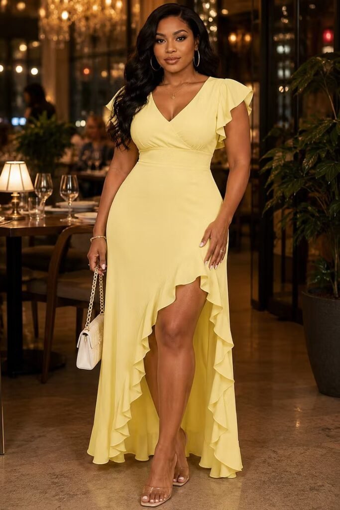 Plus Size Wedding Guest Yellow V Neck Flutter Sleeve Short Sleeve Split Ruffle Maxi Dress