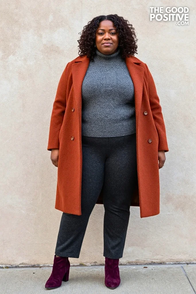 Rust Bouclé Cape Coat, Charcoal Knit Pants, and Plum Boots