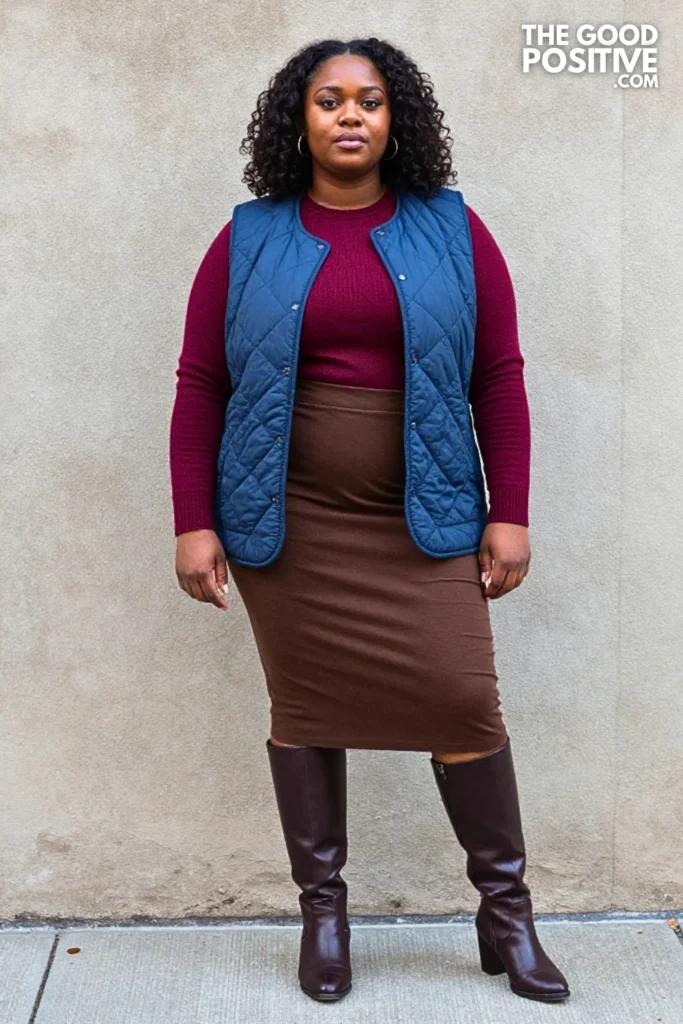 Slate-Blue Quilted Vest, Burgundy Knit, and Espresso Midi Skirt
