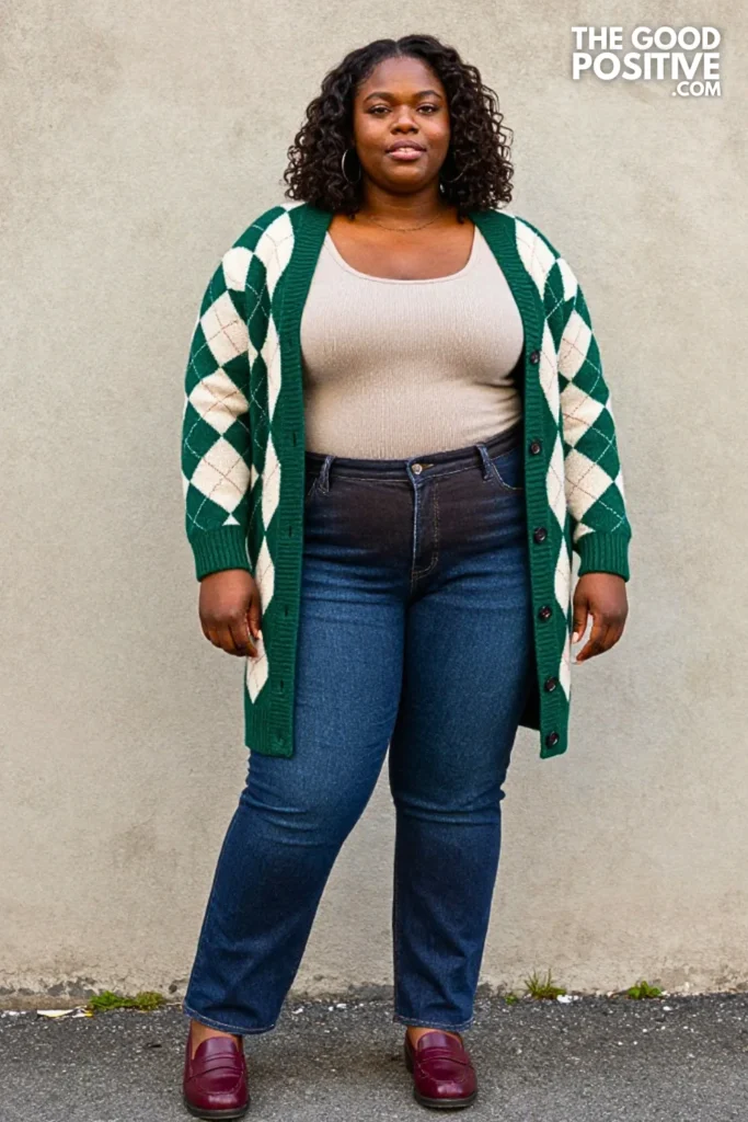 Smoky Green Argyle Cardigan, Chocolate Jeans, and Burgundy Loafers
