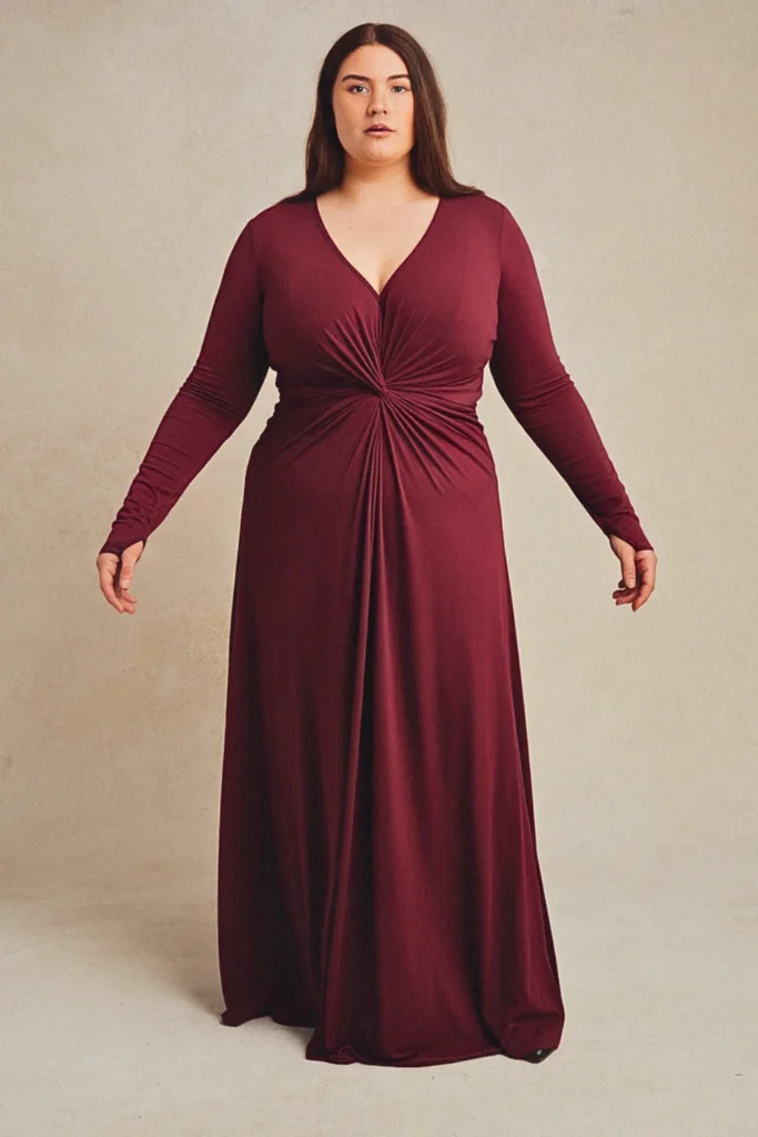Twisted Front Matte Jersey Plus Size Long Sleeve Wedding Guest Dress