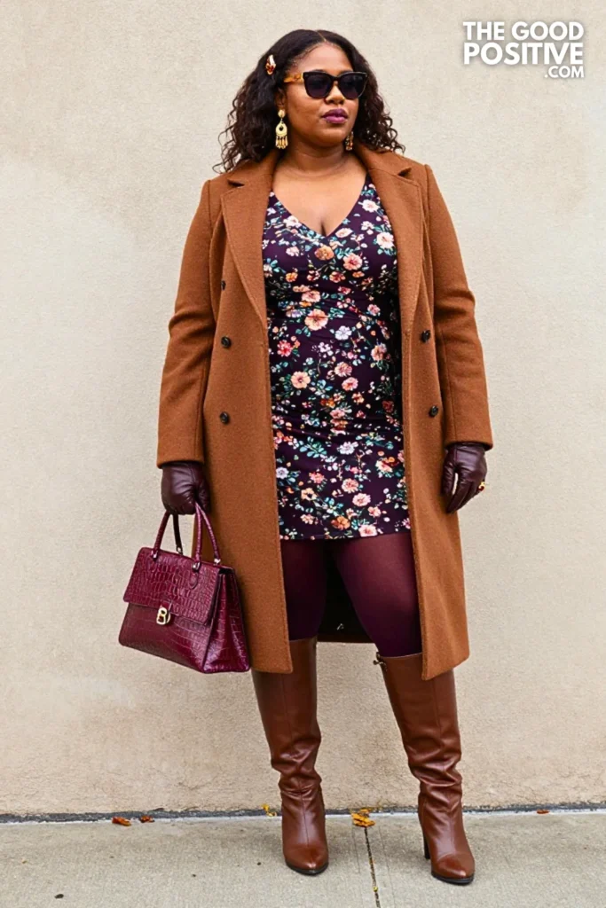 Aubergine Jacquard Dress, Chocolate Coat, and Knee-High Boots