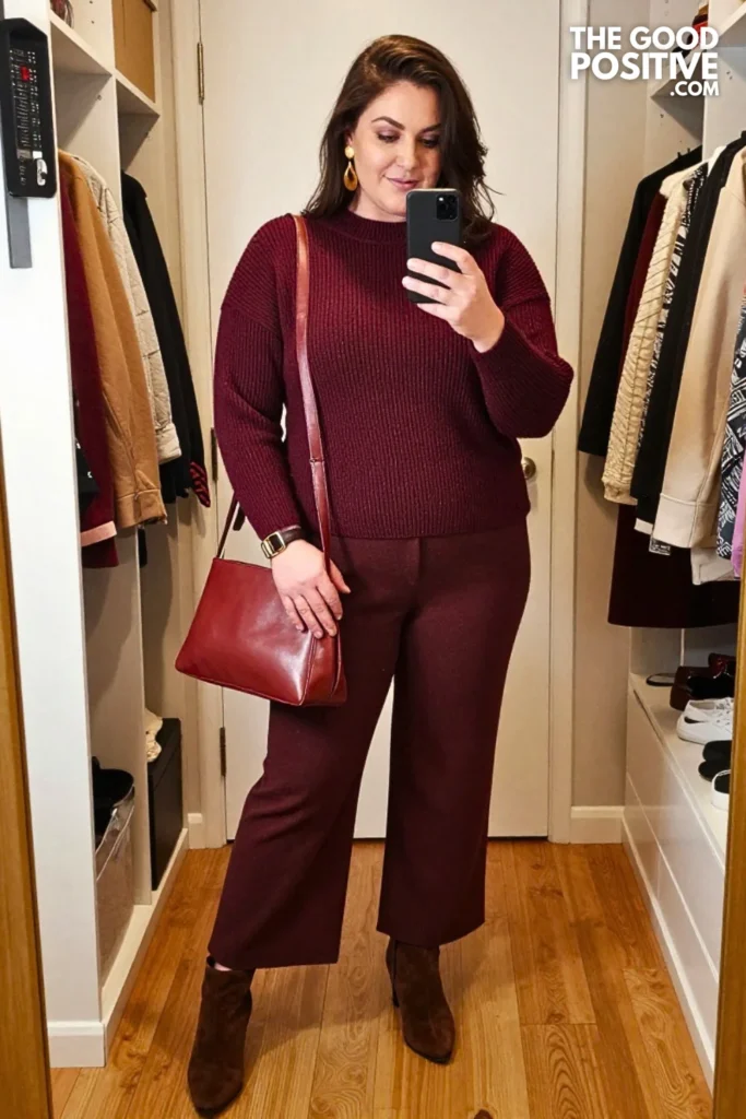 Aubergine Ribbed Tunic with Camel Wide-Leg Ponte Pants
