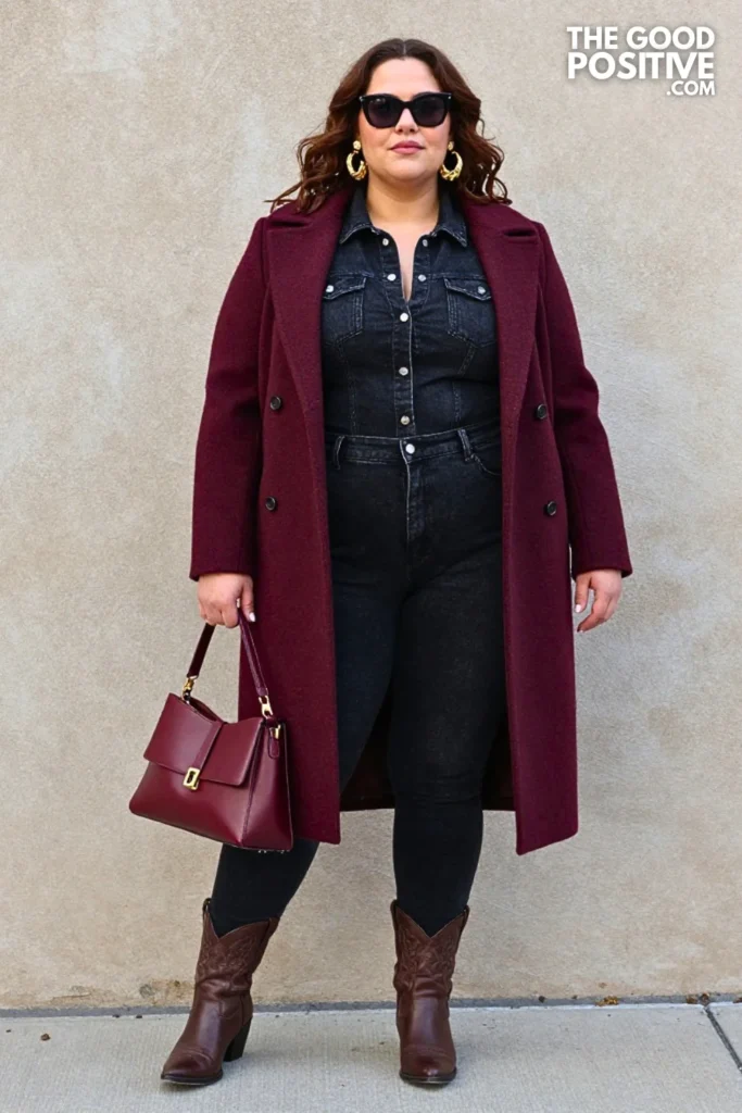 Black Denim Jumpsuit, Burgundy Coat, and Western Boots