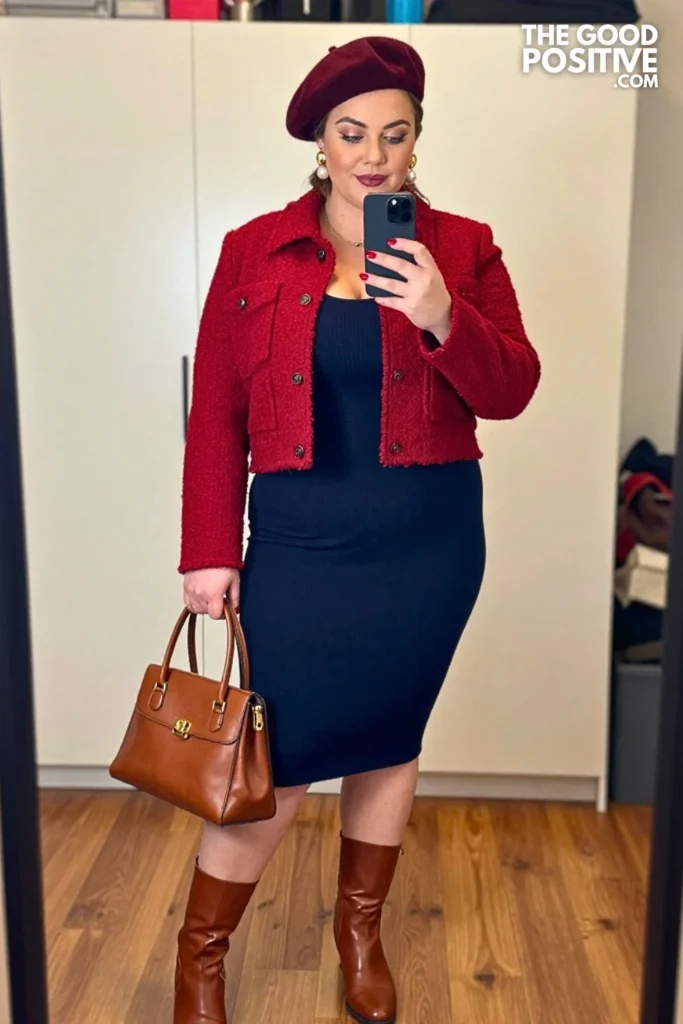Brick Red Bouclé Jacket with Deep Navy Knit Shift Dress