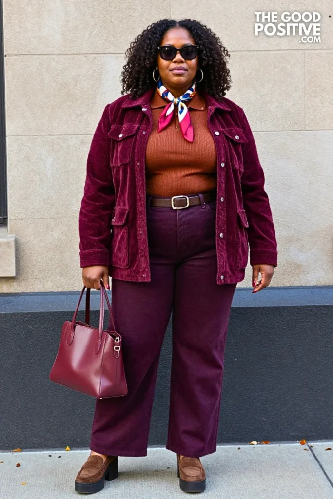 Burgundy Corduroy Jacket, Cinnamon Polo, and Indigo Wide-Leg Jeans