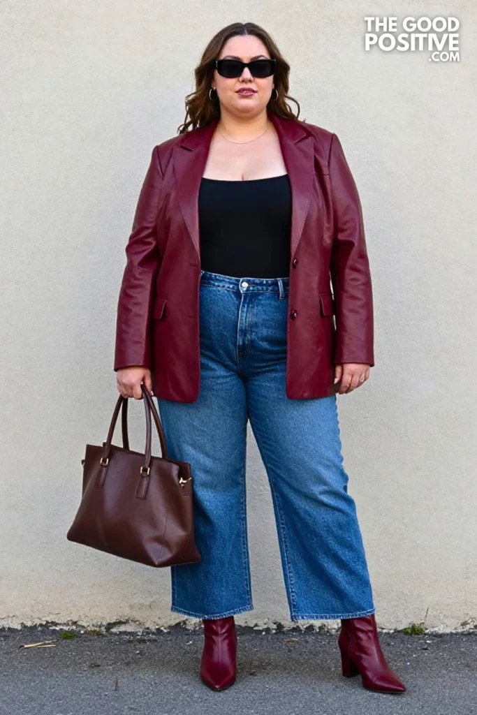 Burgundy Leather Blazer, Dark Denim, and Oxblood Boots