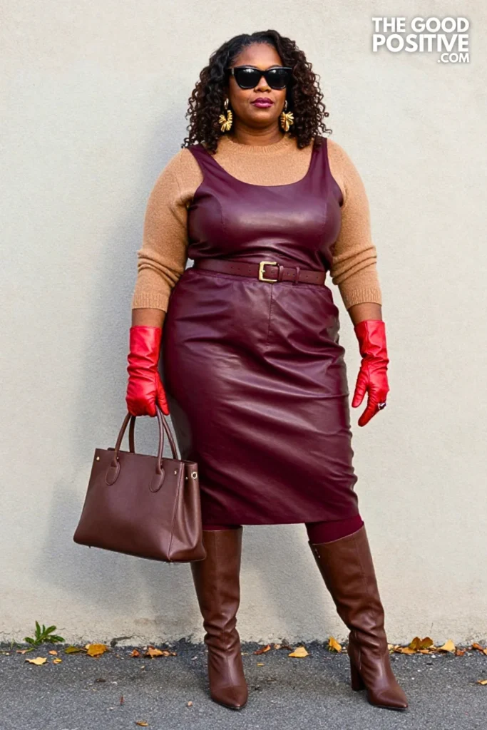 Burgundy Leather Midi Skirt, Camel Sweater, and Red Gloves