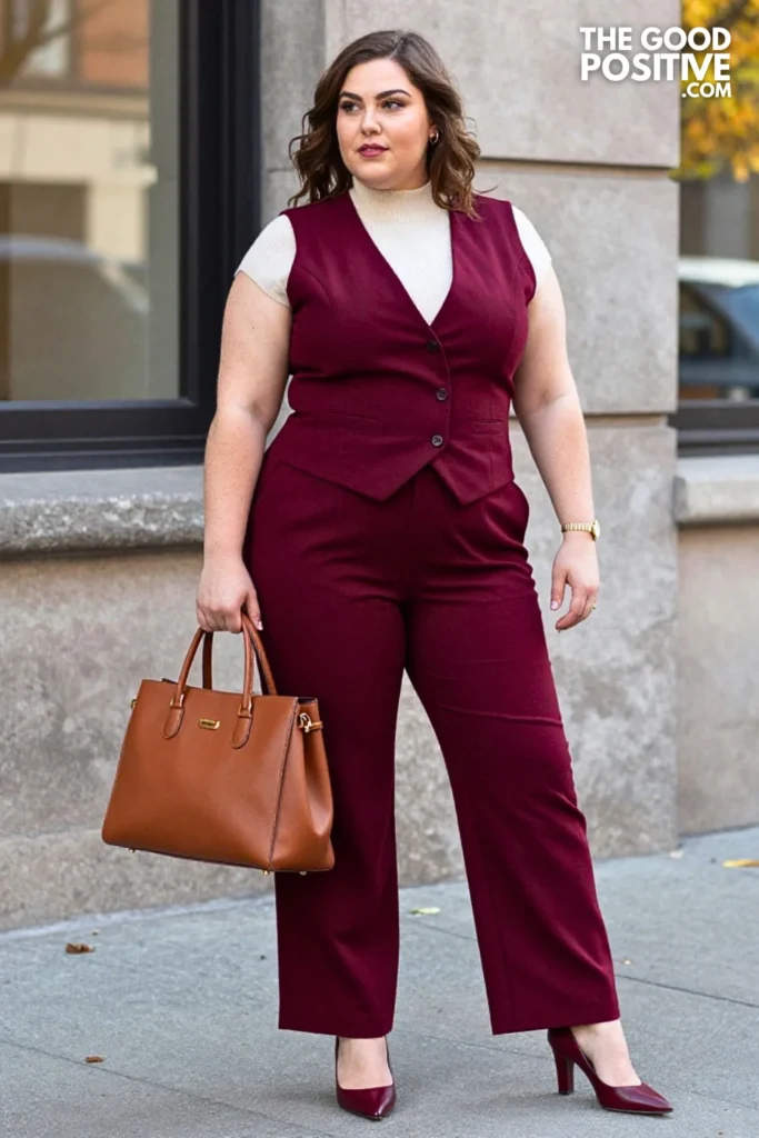 Burgundy Power Vest with Paprika Wide-Leg Trousers