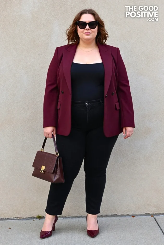 Burgundy Tuxedo Blazer, Black Jeans, and Crocodile Heels
