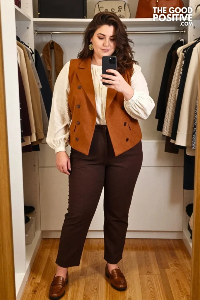 Burnt Sienna Double-Breasted Vest with Ivory Textured Blouse
