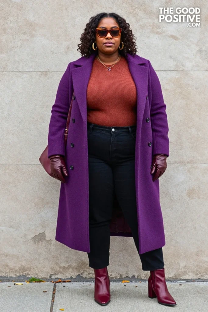 Cardinal Purple Coat, Cinnamon Sweater, and Black Barrel Jeans