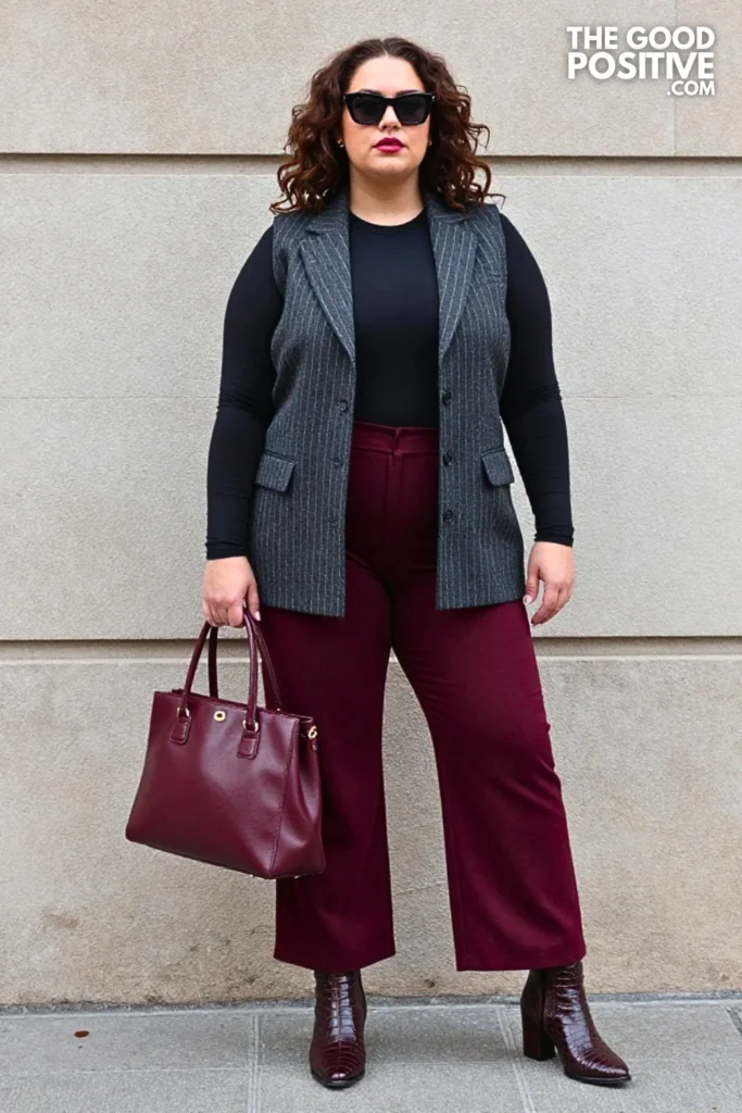 Charcoal Pinstripe Vest, Burgundy Trousers, and Crocodile Boots