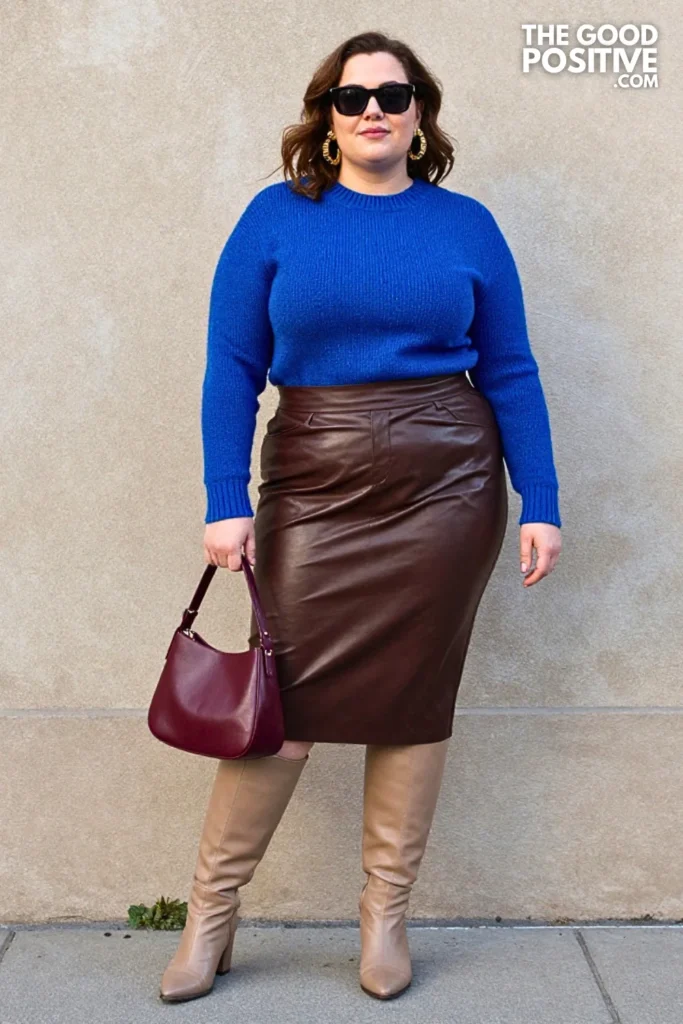 Chocolate Leather Midi Skirt, Sapphire Knit, and Tall Boots