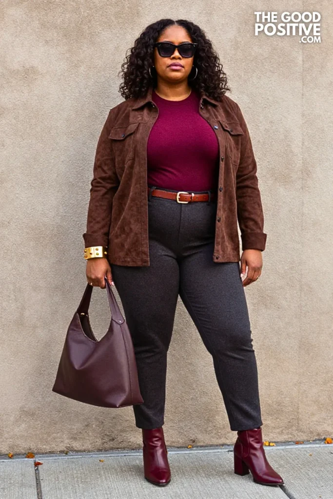 Chocolate Suede Jacket, Cranberry Knit, and Barrel Trousers