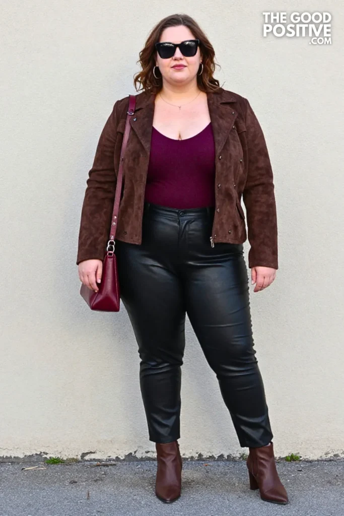 Chocolate Suede Jacket, Plum Top, and Faux-Leather Pants