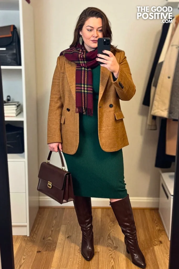 Cinnamon Windowpane Blazer with Forest Green Knit Midi Dress