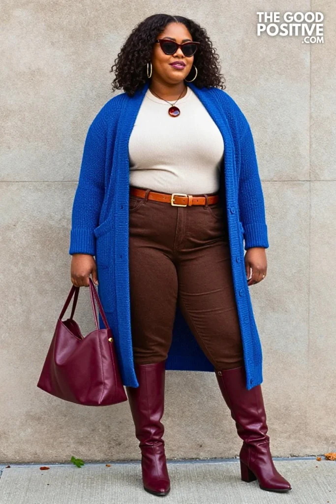 Cobalt Knit Cardigan, Chocolate Jeans, and Oxblood Boots
