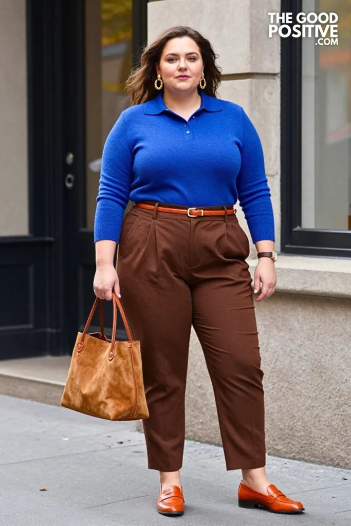 Cobalt Knit Polo with Chocolate Pleated Trousers