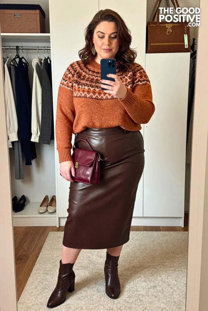 Copper Fair Isle Sweater with Espresso Faux Leather Midi Skirt