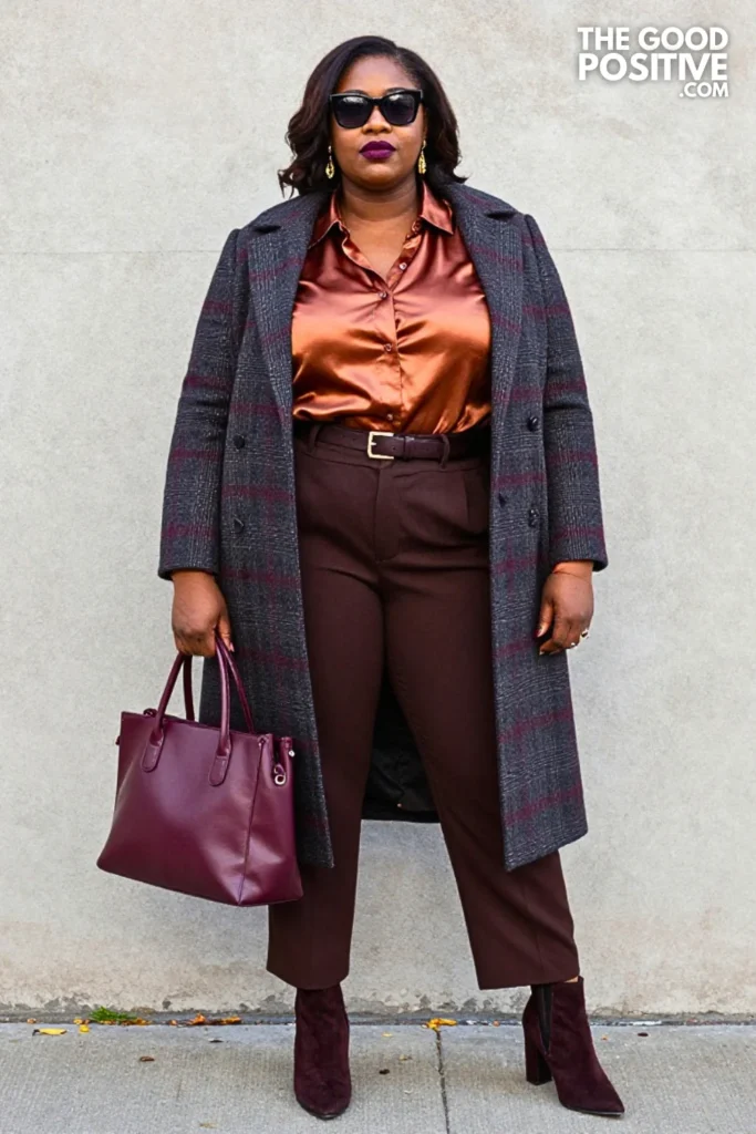 Copper Satin Blouse, Espresso Trousers, and Plaid Coat