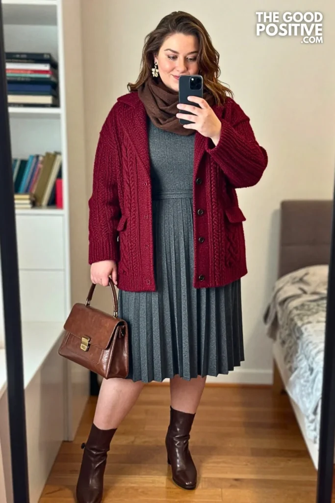 Cranberry Cable Knit Blazer with Slate Gray Pleated Midi Dress