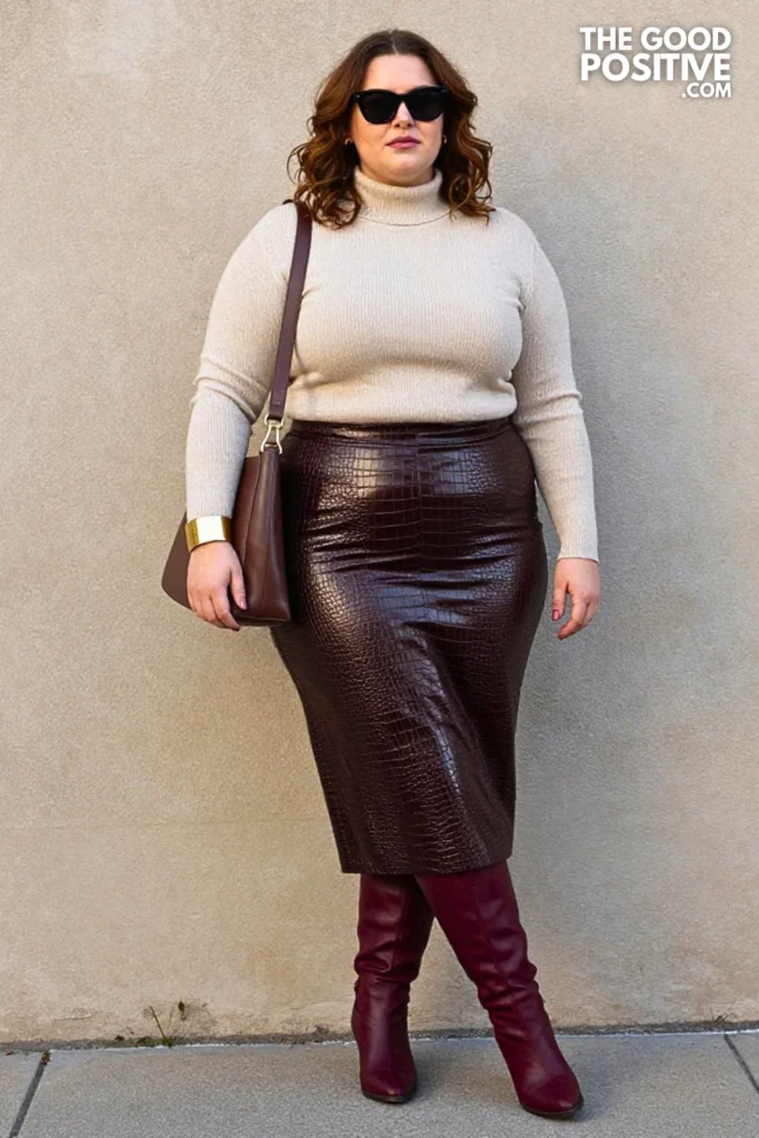 Crocodile Skirt, Cream Knit, and Burgundy Tall Boots