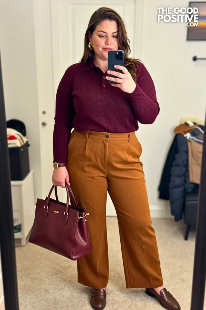 Deep Plum Knit Polo with Caramel Pleated Trousers