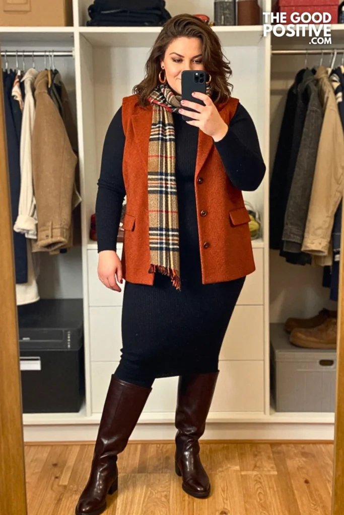 Deep Terracotta Bouclé Vest with Midnight Knit Maxi Dress