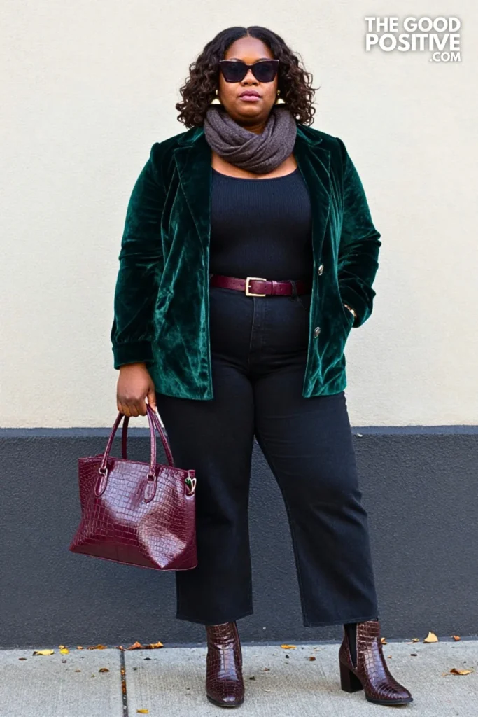 Emerald Velvet Jacket, Black Denim, and Croc-Embossed Boots