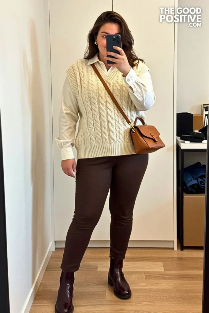 Evergreen Cable Vest with Maple Poplin Maxi Shirt
