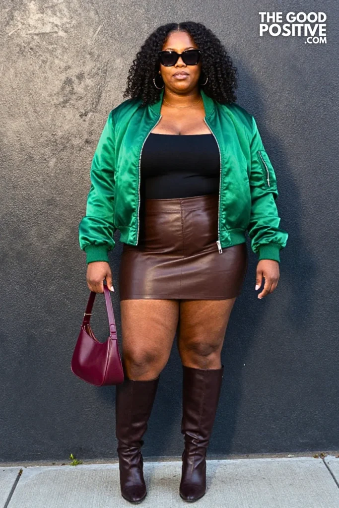 Forest Green Bomber, Chocolate Mini Skirt, and Knee Boots