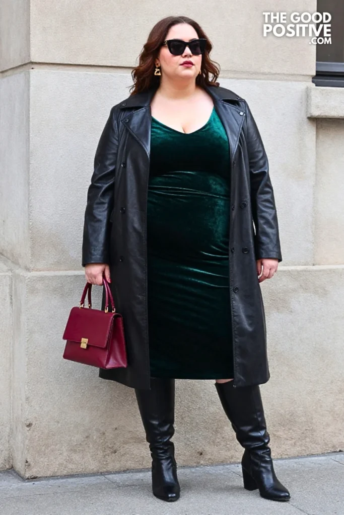 Forest Green Velvet Dress, Black Leather Coat, and Tall Boots