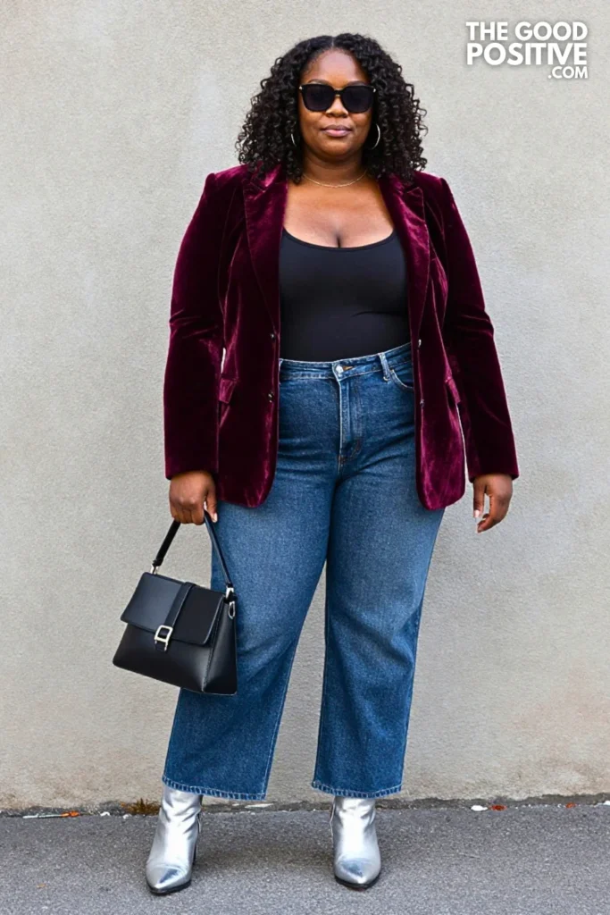 Garnet Velvet Blazer, Charcoal Jeans, and Silver Boots