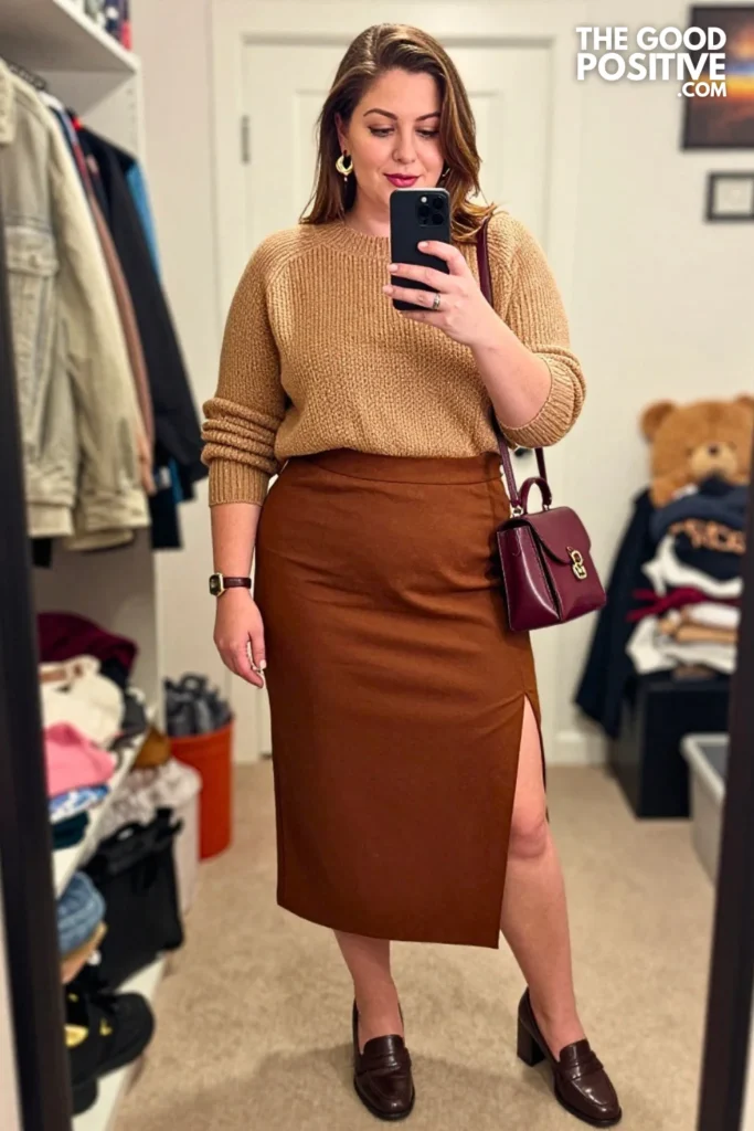 Heather Orchid Funnel Neck Sweater with Cinnamon A-Line Midi Skirt