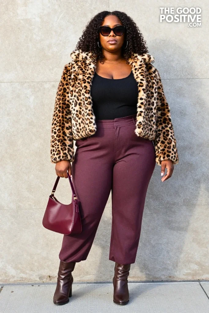 Leopard Faux-Fur Jacket, Plum Pants, and Chocolate Boots