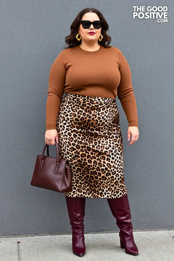 Leopard Midi Skirt, Espresso Knit, and Burgundy Boots