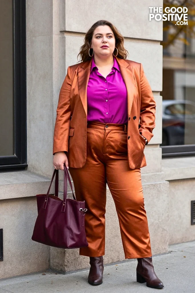 Magenta Blouse with Copper Suiting and Brown Boots