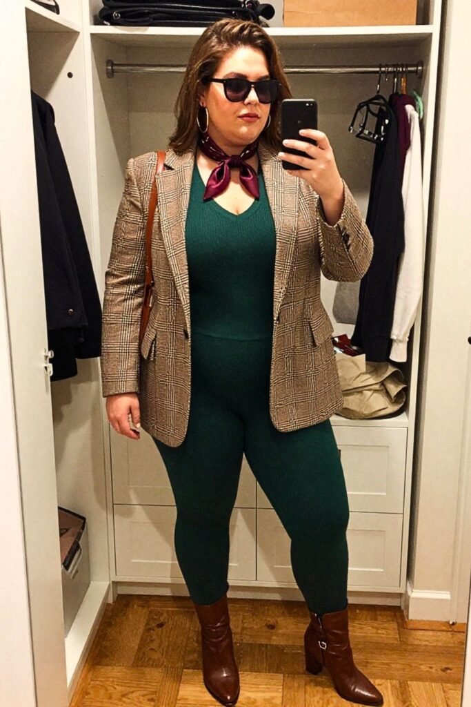 Maple Plaid Blazer with Dark Evergreen Knit Jumpsuit
